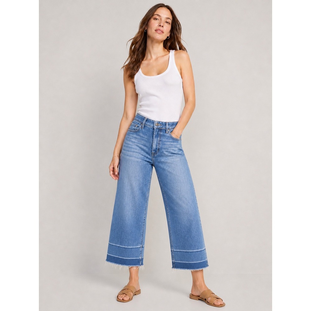Old Navy Womens Boho Raw Hem Wide Leg Crop Jeans Blue 14 High Rise Denim